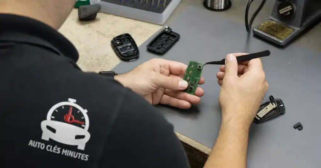 Technicien réparant un calculateur d'antidémarrage automobile à Auby
