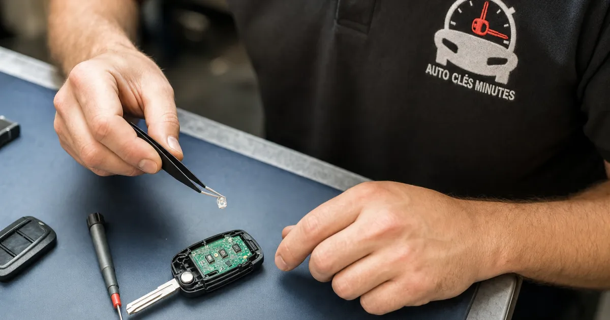 Serrurier automobile inspectant une clé et serrure usées sur une Renault à Croix