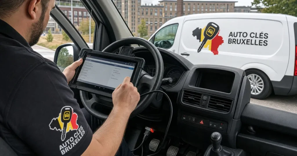 technicien réalisant un double de clé de voiture à Ganshoren Bruxelles