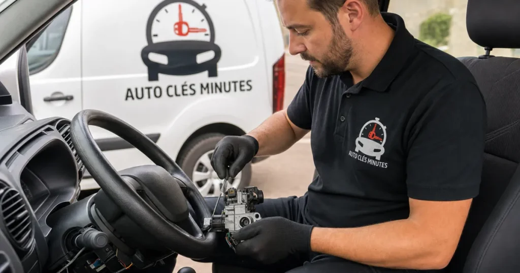 Serrurier automobile préparant une clé à transpondeur pour une Peugeot à Lomme