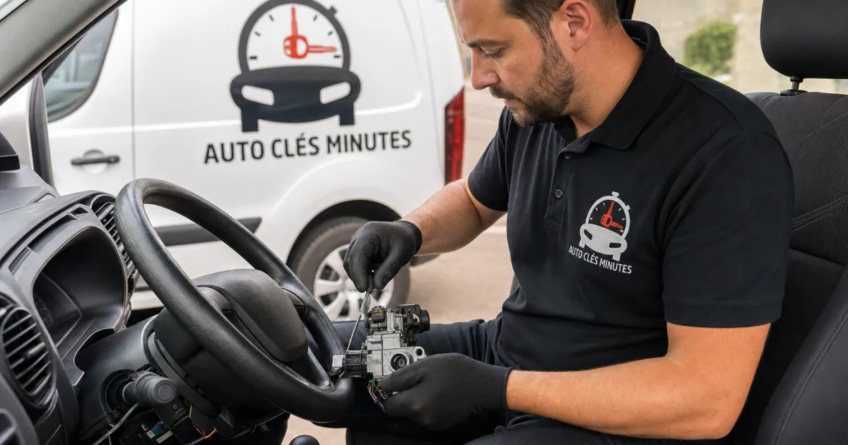 Serrurier automobile préparant une clé à transpondeur pour une Peugeot à Lomme