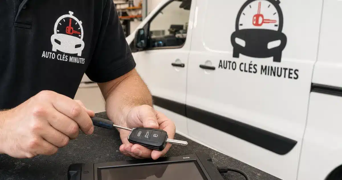 Carte de démarrage Renault fissurée posée sur un établi d'atelier à Wahagnies