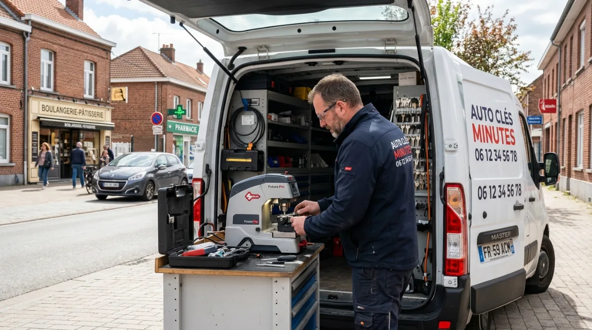 Technicien Auto Clés Minutes réalisant un double de clé de voiture à Faches-Thumesnil