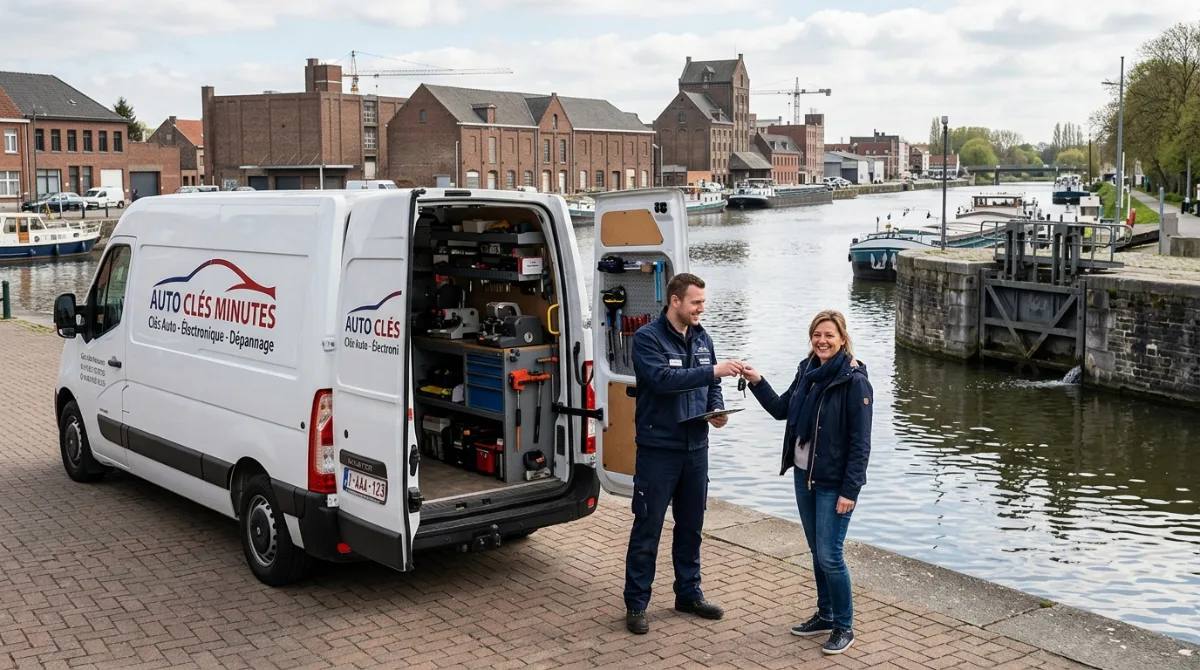 Technicien Auto Clés Minutes réalisant un double de clé de voiture à Harelbeke