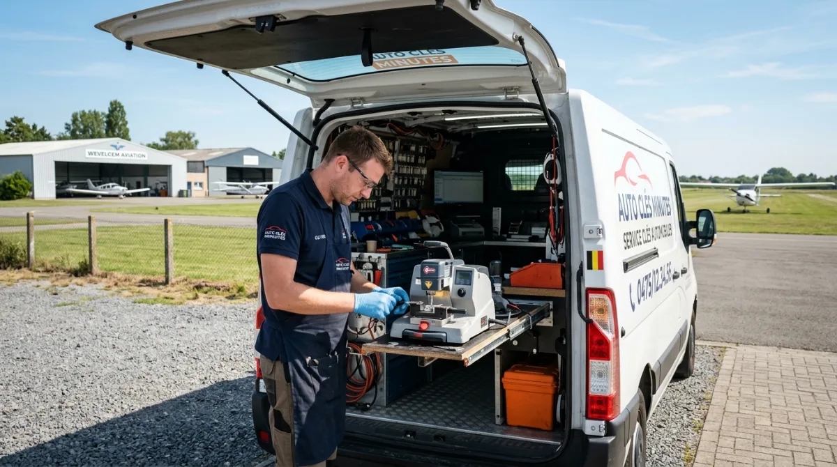 Technicien Auto Clés Minutes réalisant un double de clé de voiture à Wevelgem