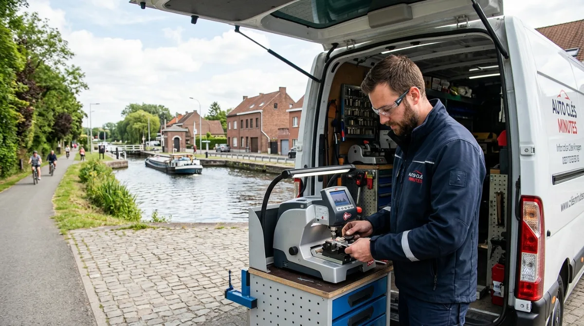 Technicien Auto Clés Minutes réalisant un double de clé de voiture à Zwevegem