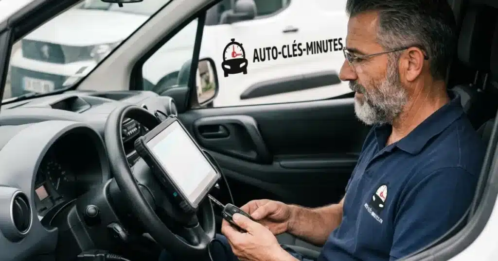 Technicien programmant une clé à puce sur un véhicule à Lambersart
