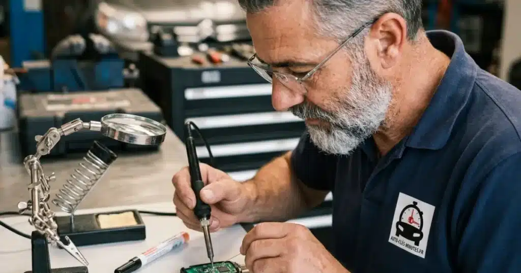 Serrurier automobile programmant une clé de voiture pour un client à Denain