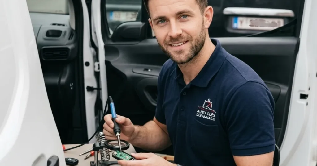 Technicien réalisant une copie de clé de voiture à Bruxelles en atelier