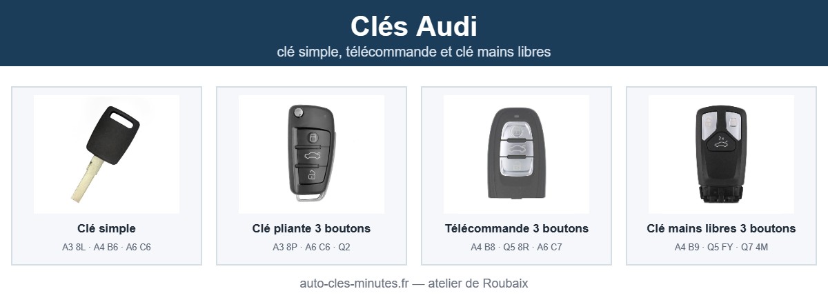 Modèles de clé Audi pris en charge : clé simple, télécommande et clé mains libres