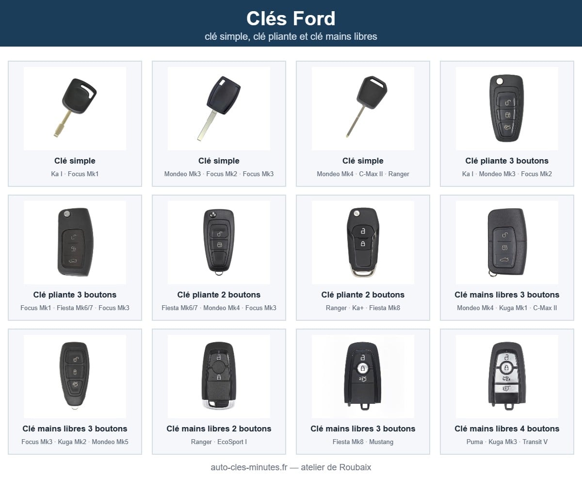 Modèles de clé Ford pris en charge : clé simple, clé pliante et clé mains libres