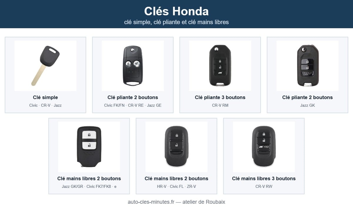 Modèles de clé Honda pris en charge : clé simple, clé pliante et clé mains libres