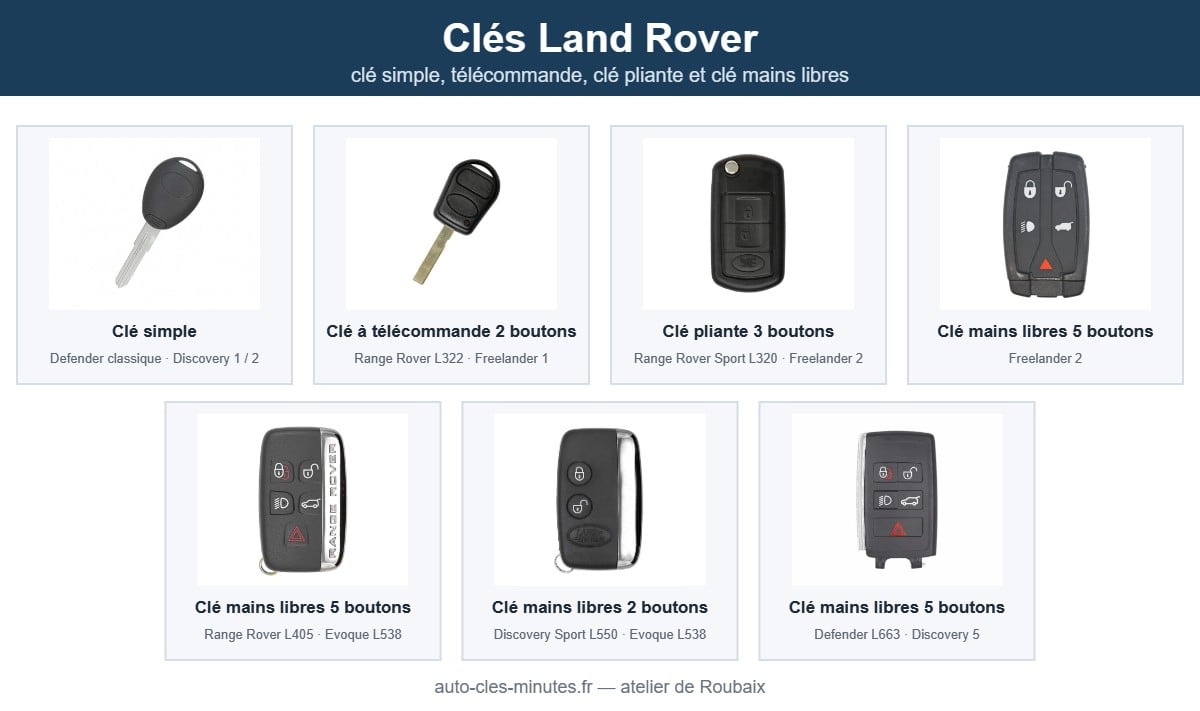 Modèles de clé Land Rover pris en charge : clé simple, télécommande, clé pliante et clé mains libres