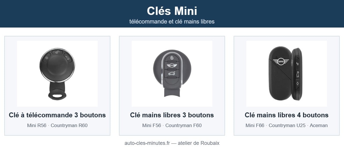 Modèles de clé Mini pris en charge : télécommande et clé mains libres