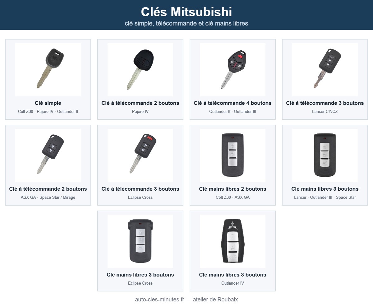 Modèles de clé Mitsubishi pris en charge : clé simple, télécommande et clé mains libres