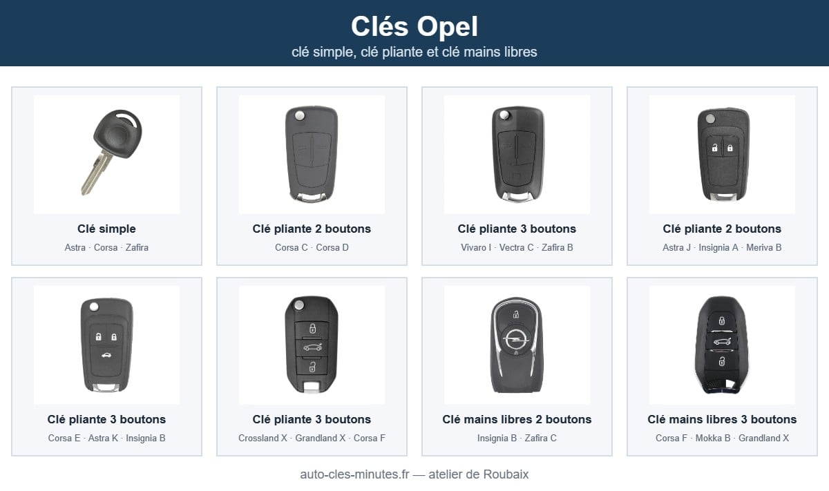 Modèles de clé Opel pris en charge : clé simple, clé pliante et clé mains libres