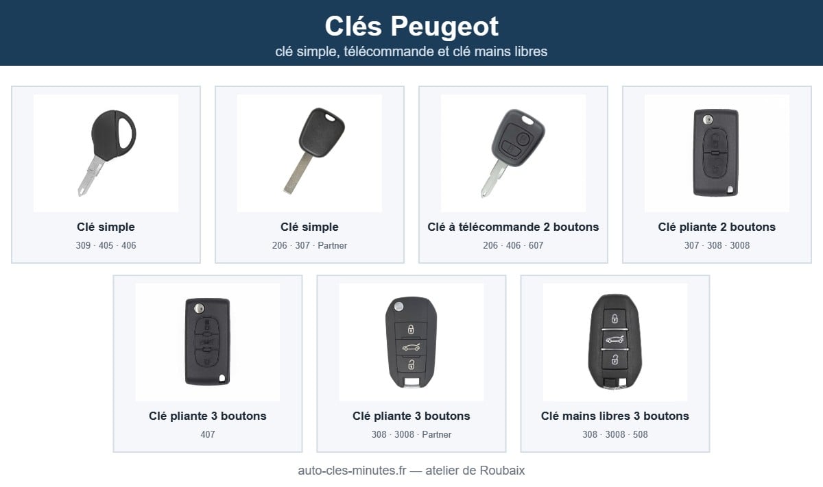 Modèles de clé Peugeot pris en charge : clé simple, télécommande et clé mains libres