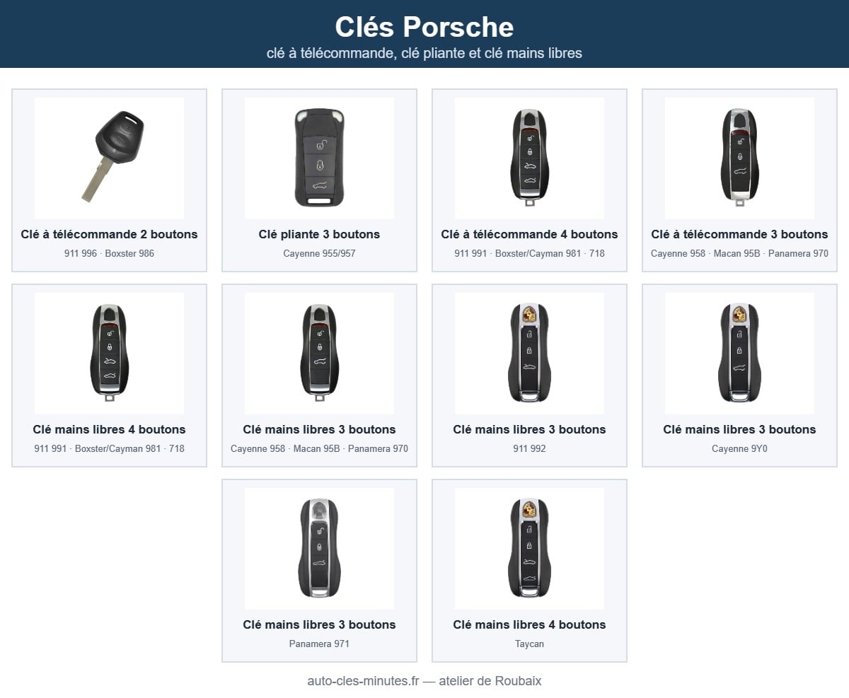 Modèles de clé Porsche pris en charge : clé à télécommande, clé pliante et clé mains libres