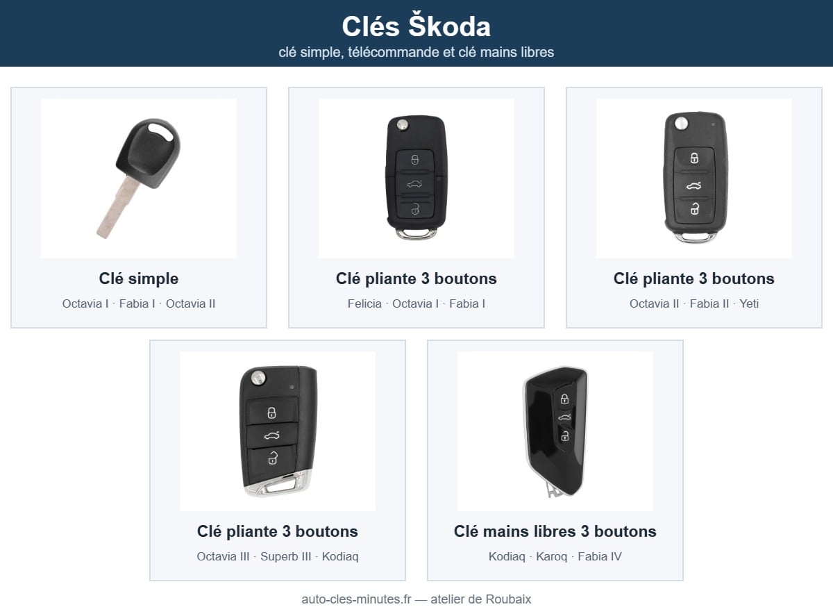 Modèles de clé Škoda pris en charge : clé simple, télécommande et clé mains libres