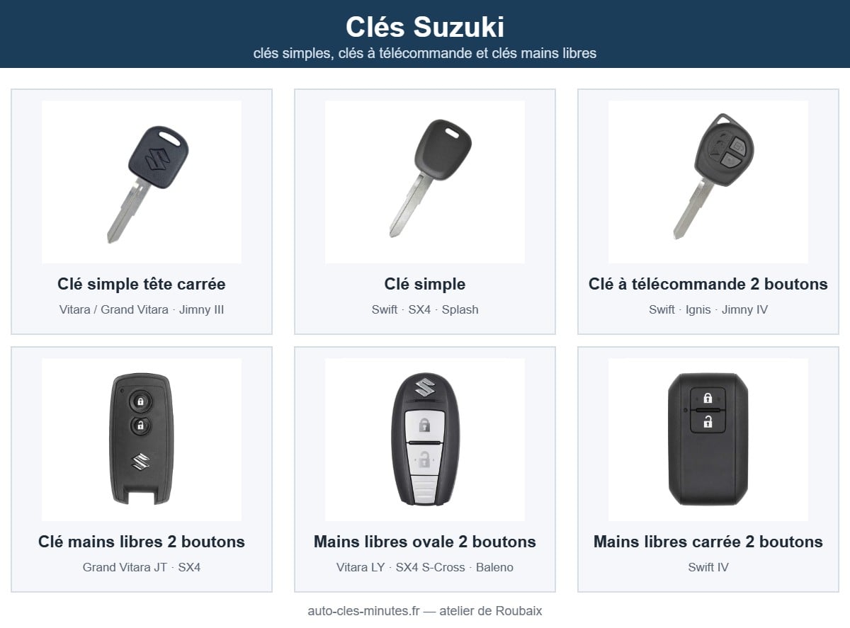 Modèles de clé Suzuki pris en charge : clés simples, clés à télécommande et clés mains libres