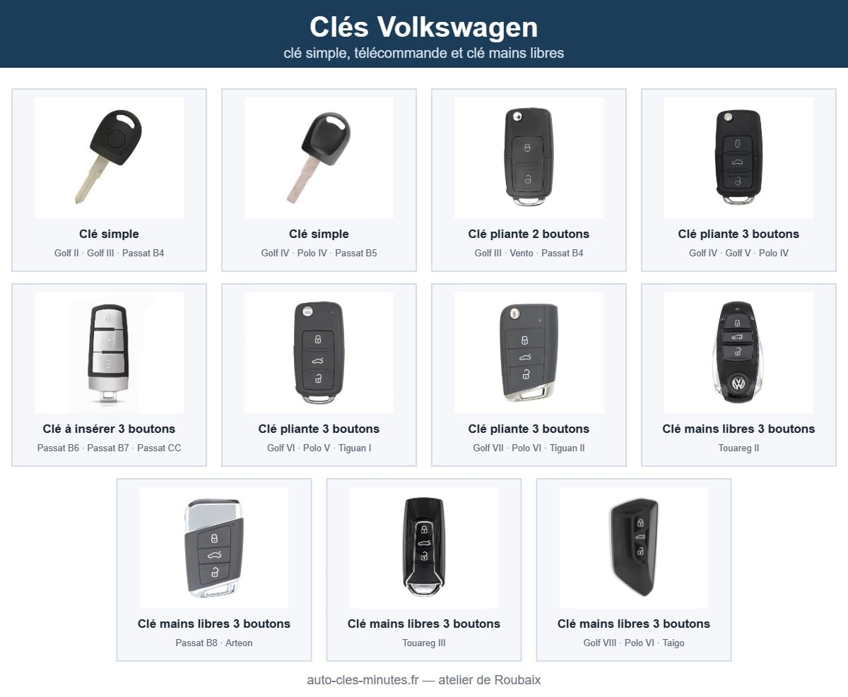 Modèles de clé Volkswagen pris en charge : clé simple, télécommande et clé mains libres