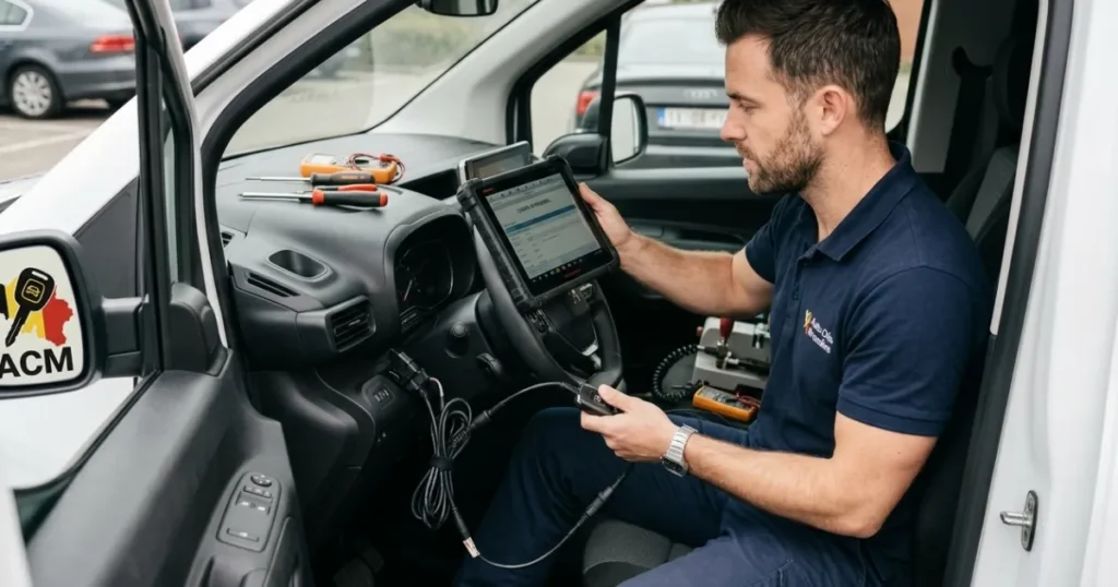 Technicien programmant un double de clé de voiture à l'agence Auto Clés Bruxelles