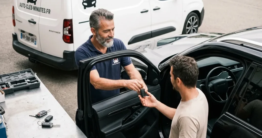 Serrurier automobile remettant une clé codée à un client à Somain