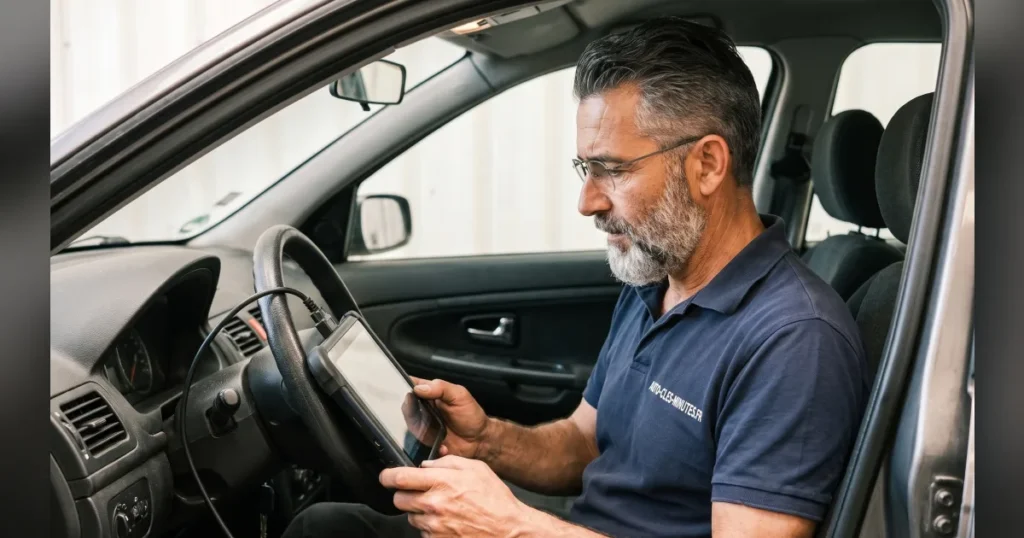 Technicien en polo sombre utilisant une tablette de diagnostic reliée au véhicule, au poste de conduite