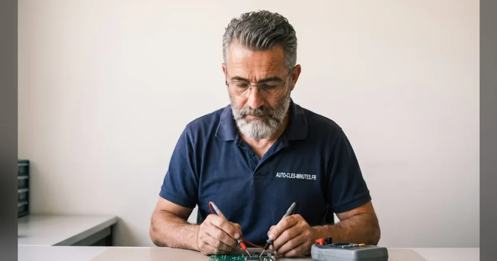 Technicien en polo sombre mesurant une carte électronique de clé avec deux sondes de multimètre