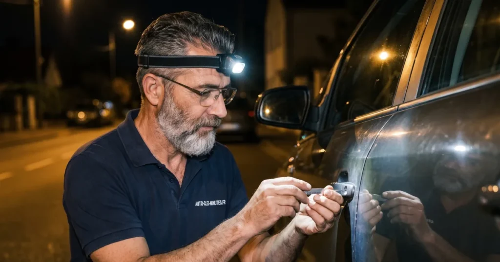 Technicien à lampe frontale crochetant de nuit la serrure d'une portière de voiture dans une rue