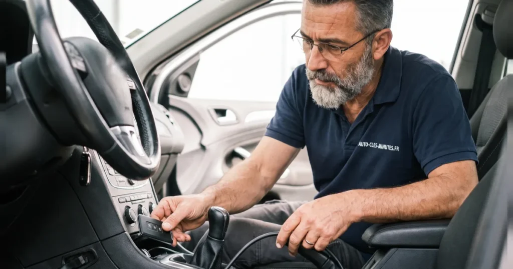 Technicien en polo sombre approchant une carte mains libres de la console centrale d'une voiture