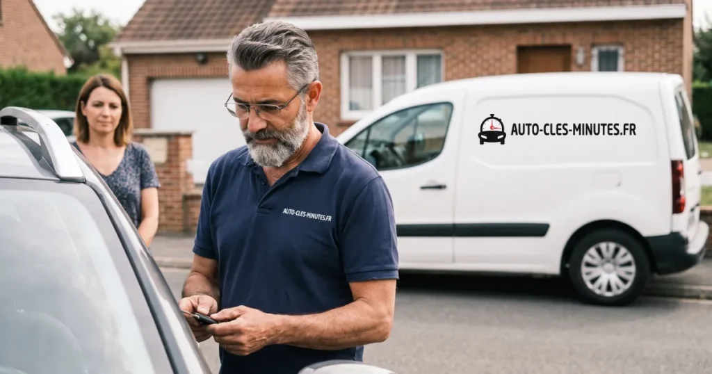 Technicien en polo sombre programmant une clé à la portière, cliente et fourgon blanc derrière