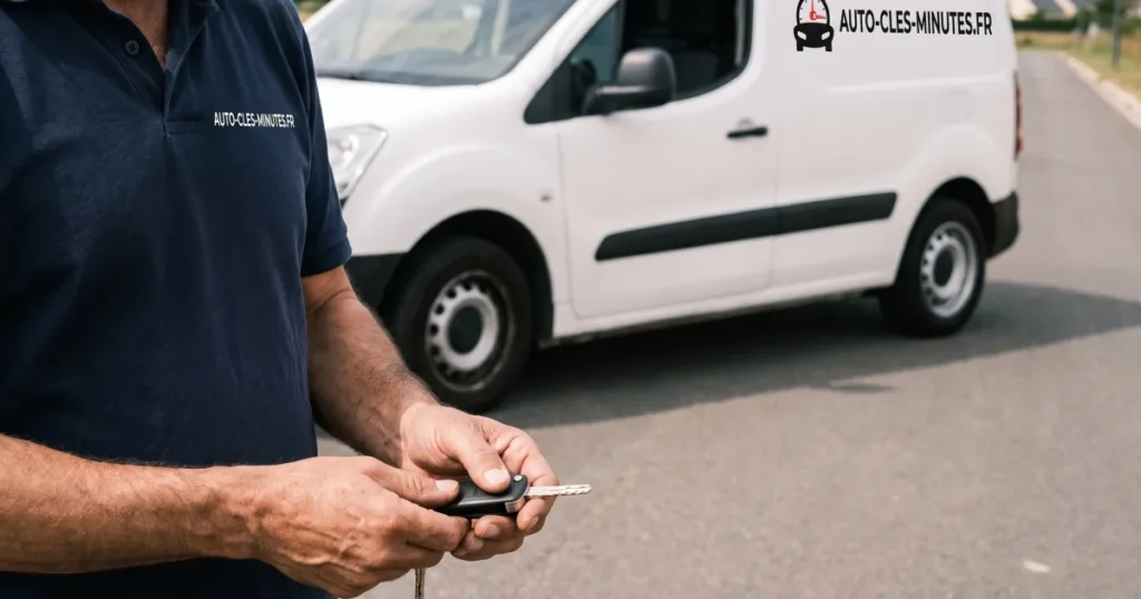 Technicien en polo sombre tenant une clé à télécommande devant une fourgonnette blanche sur une route