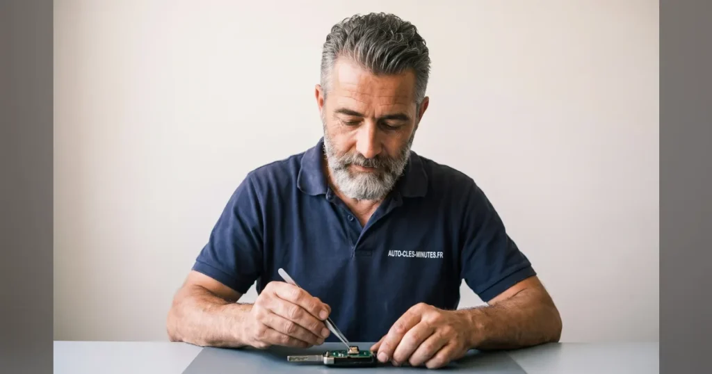 Technicien en polo sombre retirant un bouton d'une carte de clé avec une pince à l'atelier