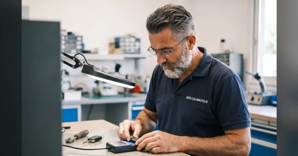 Technicien en polo sombre vérifiant une clé de voiture sur un boîtier de diagnostic en atelier