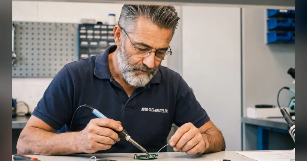 Technicien en polo sombre soudant le circuit imprimé d'une clé de voiture sur un établi d'atelier
