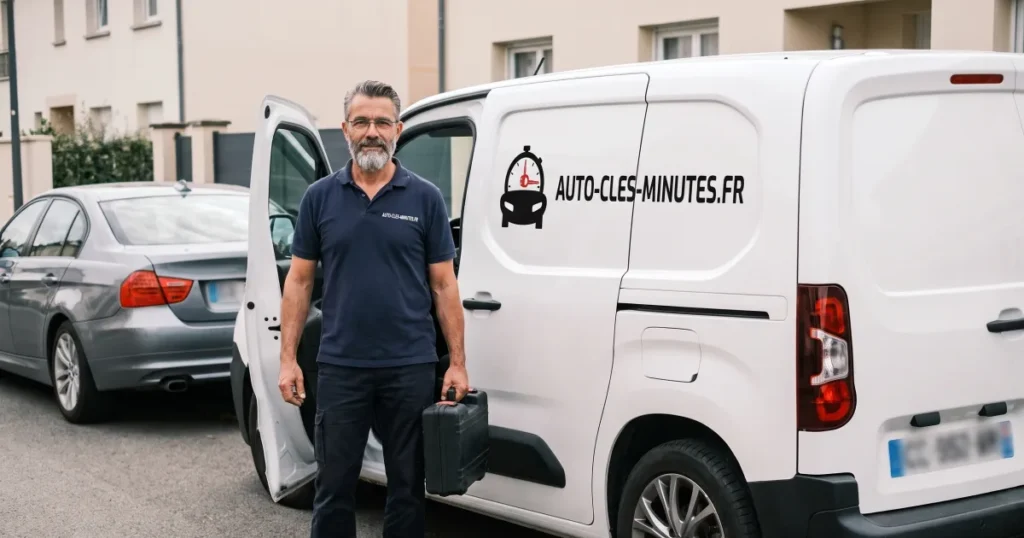 Technicien en polo sombre tenant une mallette près de sa camionnette blanche garée dans la rue