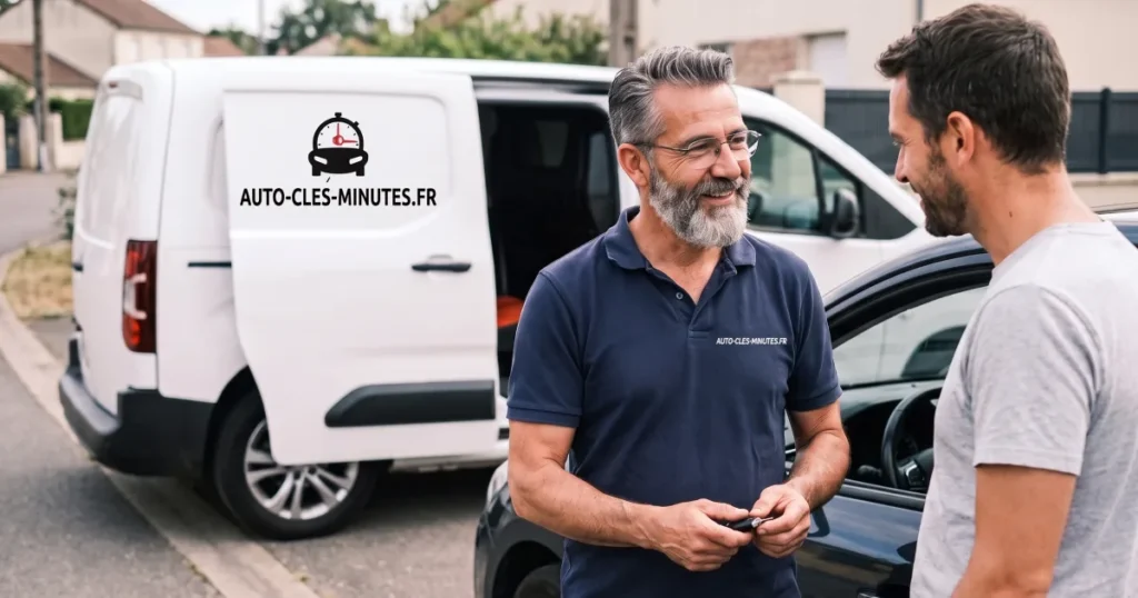 Technicien tenant une clé et discutant avec un client dans la rue, fourgon blanc derrière