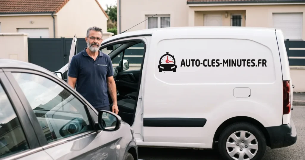 Technicien en polo sombre entre une voiture grise et une fourgonnette blanche, rue résidentielle