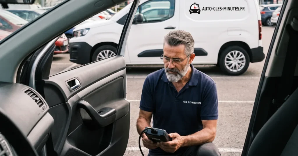 Technicien en polo sombre accroupi devant une portière ouverte, boîtier de diagnostic en main, sur un parking