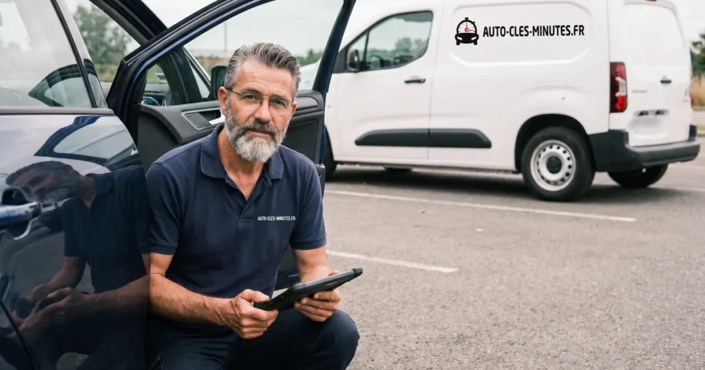 Technicien accroupi près d'une portière ouverte, tablette de diagnostic en main, sur un parking