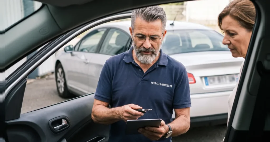 Technicien en polo sombre montrant une clé et une tablette à une cliente près d'une voiture