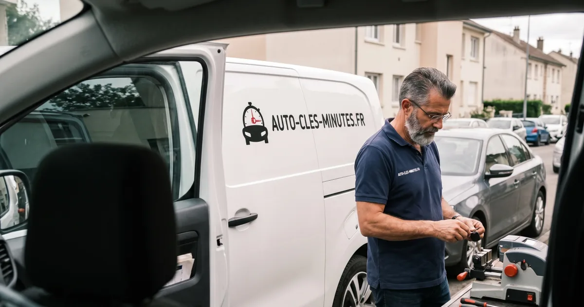 Technicien taillant une clé sur une machine portable près d'un fourgon blanc garé dans la rue