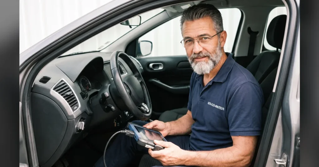 Technicien en polo sombre au volant, tablette de programmation reliée à la prise OBD