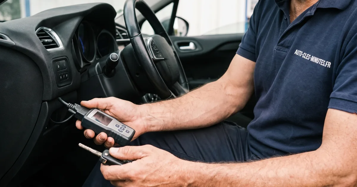 Technicien en polo sombre codant une clé avec un boîtier de diagnostic au poste de conduite