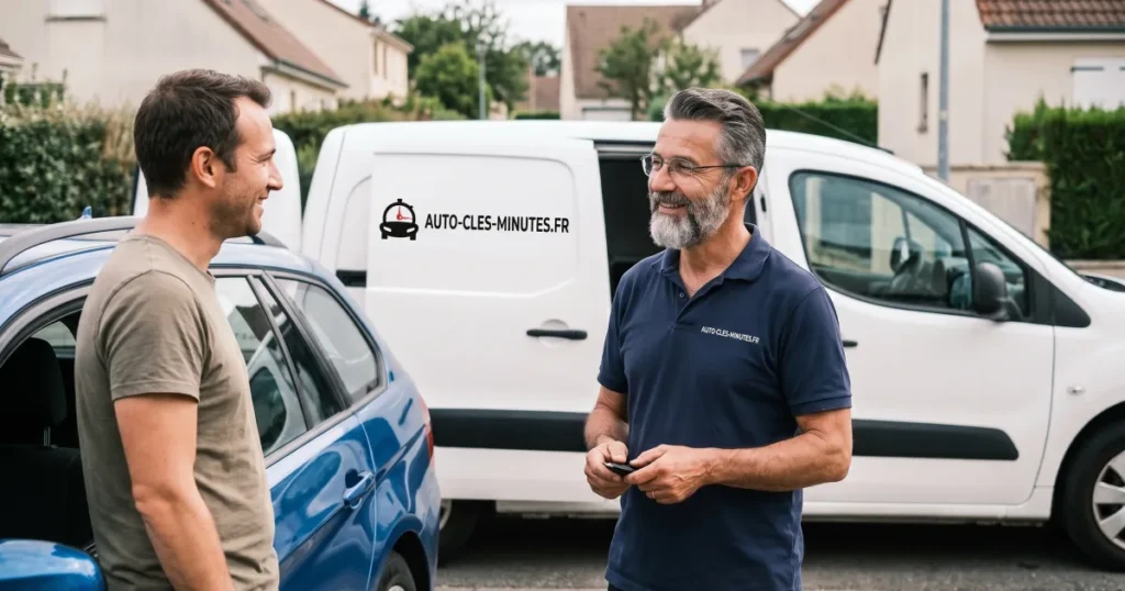 Technicien en polo sombre discutant avec un client près de sa voiture bleue, fourgon blanc derrière